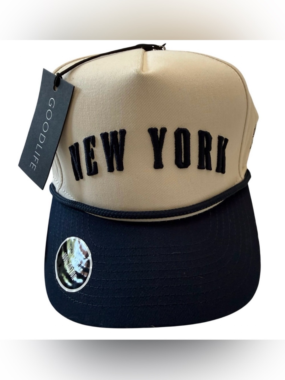 NWT Goodlife New York Est. 1625 Two-Tone Rope Snapback Hat Cream Navy
